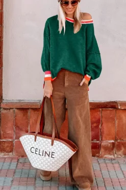 New Dear-Lover Colorblock Striped Trim Drop Shoulder Sweater Blackish Green