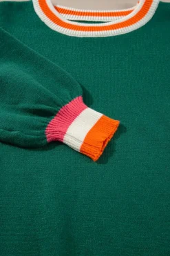 New Dear-Lover Colorblock Striped Trim Drop Shoulder Sweater Blackish Green