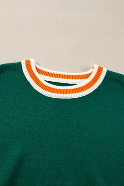 New Dear-Lover Colorblock Striped Trim Drop Shoulder Sweater Blackish Green