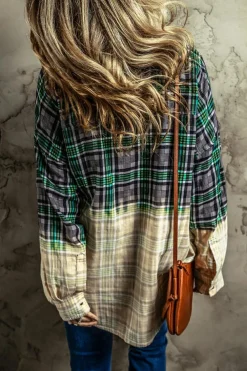 Discount Dear-Lover Contrast Plaid Patchwork Chest Pocket Button up Shacket Blackish Green