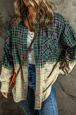 Discount Dear-Lover Contrast Plaid Patchwork Chest Pocket Button up Shacket Blackish Green