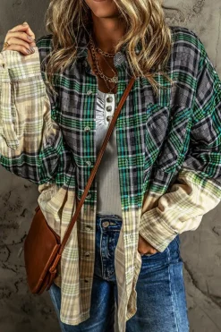 Discount Dear-Lover Contrast Plaid Patchwork Chest Pocket Button up Shacket Blackish Green