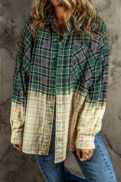 Discount Dear-Lover Contrast Plaid Patchwork Chest Pocket Button up Shacket Blackish Green