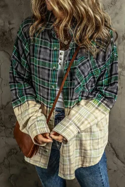 Discount Dear-Lover Contrast Plaid Patchwork Chest Pocket Button up Shacket Blackish Green