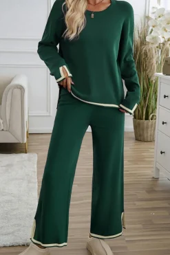 Online Dear-Lover Contrast Trim Split Cuffs Long 2pcs Sweater Outfit Loungewear Blackish Green