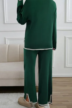 Online Dear-Lover Contrast Trim Split Cuffs Long 2pcs Sweater Outfit Loungewear Blackish Green