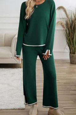 Online Dear-Lover Contrast Trim Split Cuffs Long 2pcs Sweater Outfit Loungewear Blackish Green