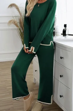Online Dear-Lover Contrast Trim Split Cuffs Long 2pcs Sweater Outfit Loungewear Blackish Green