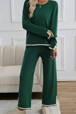 Online Dear-Lover Contrast Trim Split Cuffs Long 2pcs Sweater Outfit Loungewear Blackish Green