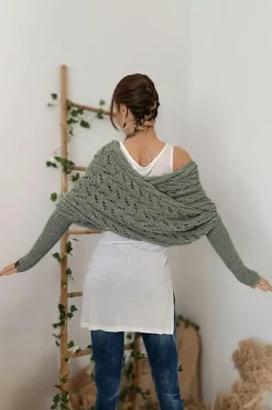Outlet Dear-Lover Cross Detail Hollowed Knit Scarf with Sleeves Blackish Green