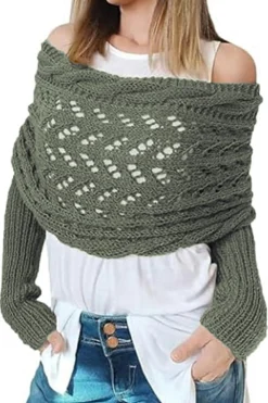 Outlet Dear-Lover Cross Detail Hollowed Knit Scarf with Sleeves Blackish Green