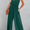Discount Dear-Lover Deep V Pleated Crisscross Wide Leg Backless Jumpsuit Blackish Green