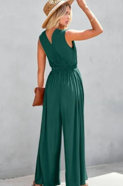Discount Dear-Lover Deep V Pleated Crisscross Wide Leg Backless Jumpsuit Blackish Green