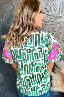 Discount Dear-Lover Embroidered Puff Sleeve Frilled Neck Printed Top Blackish Green