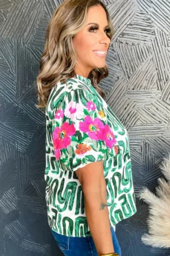Discount Dear-Lover Embroidered Puff Sleeve Frilled Neck Printed Top Blackish Green