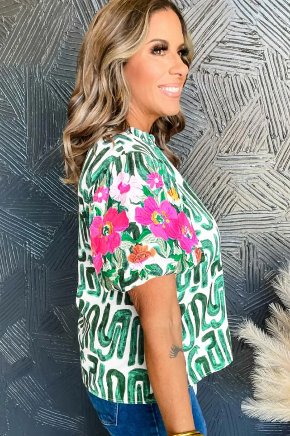 Discount Dear-Lover Embroidered Puff Sleeve Frilled Neck Printed Top Blackish Green