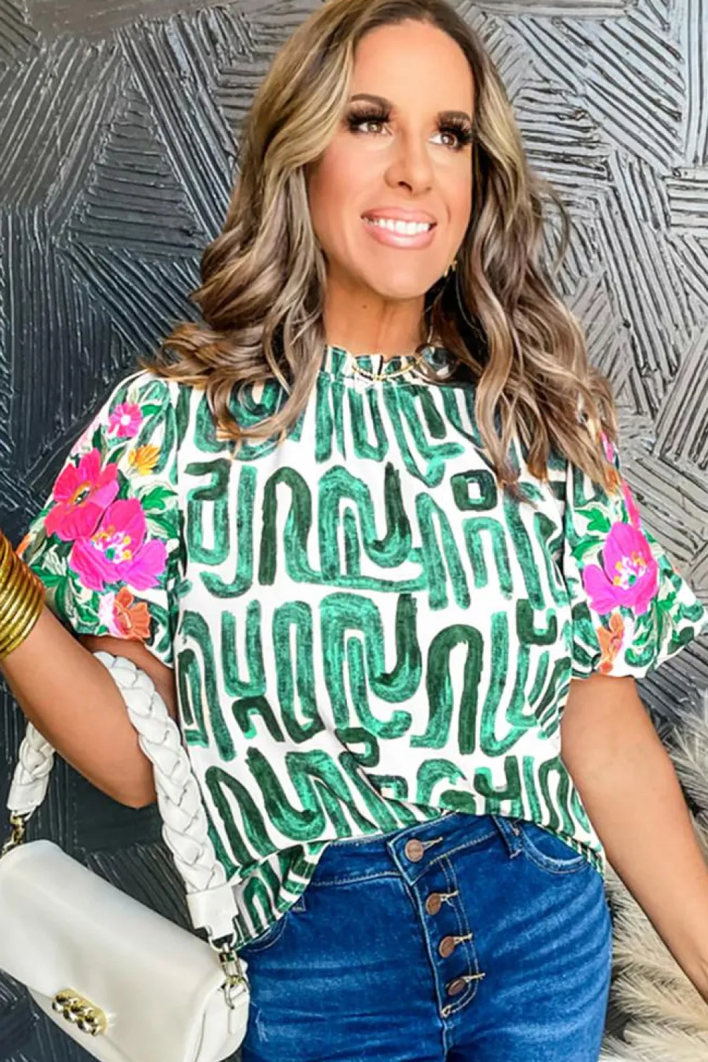 Discount Dear-Lover Embroidered Puff Sleeve Frilled Neck Printed Top Blackish Green