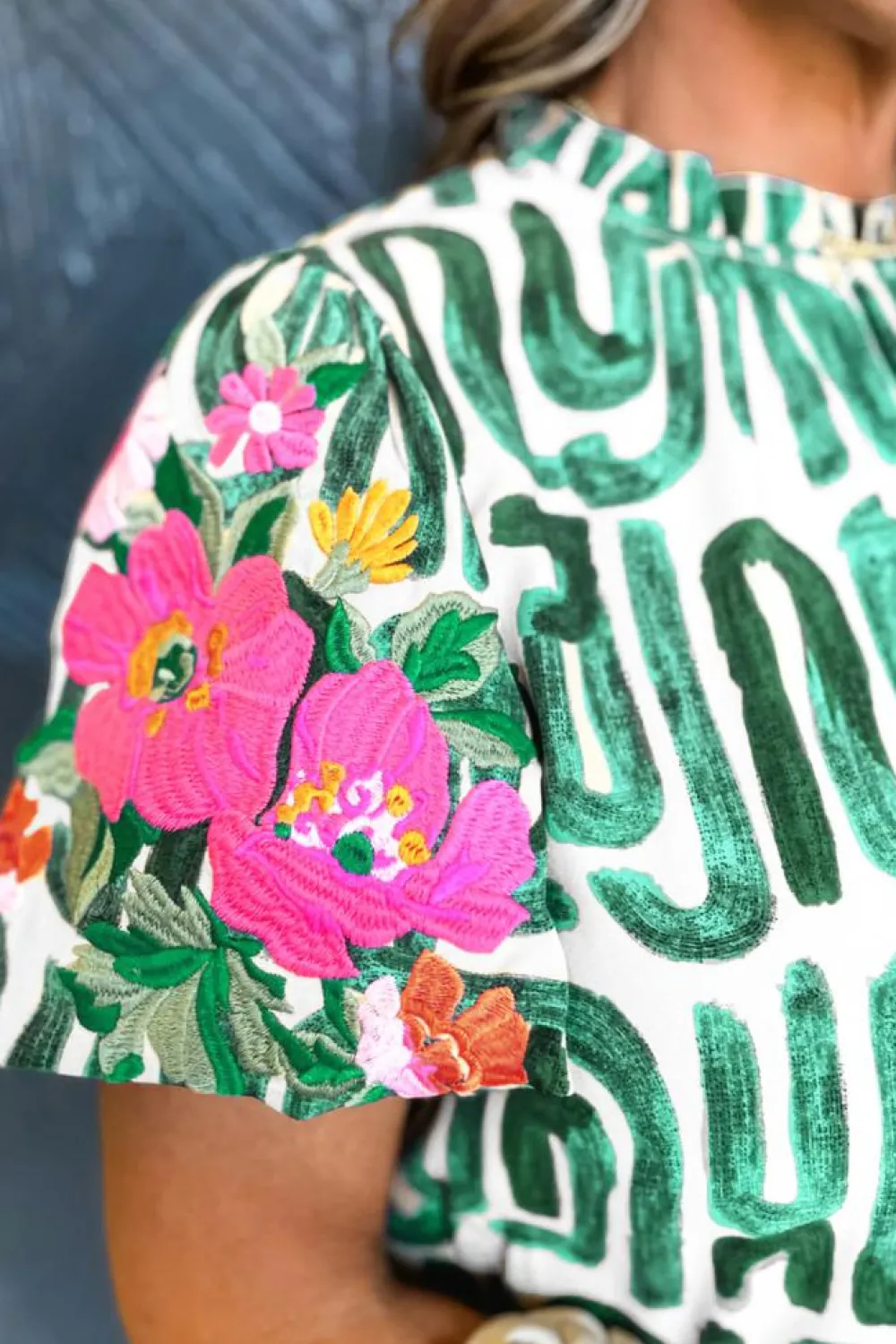 Discount Dear-Lover Embroidered Puff Sleeve Frilled Neck Printed Top Blackish Green