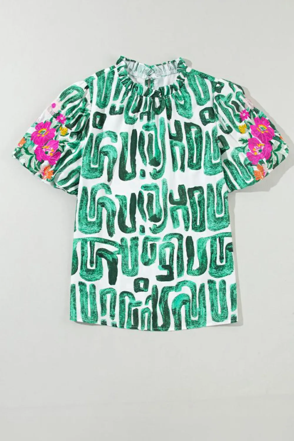 Discount Dear-Lover Embroidered Puff Sleeve Frilled Neck Printed Top Blackish Green