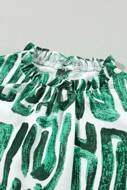 Discount Dear-Lover Embroidered Puff Sleeve Frilled Neck Printed Top Blackish Green