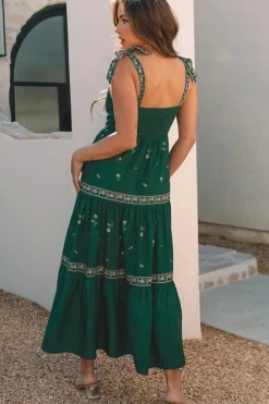 Best Dear-Lover Floral Smocked Back Tied Straps Tiered Maxi Dress Blackish Green