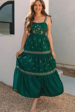 Best Dear-Lover Floral Smocked Back Tied Straps Tiered Maxi Dress Blackish Green