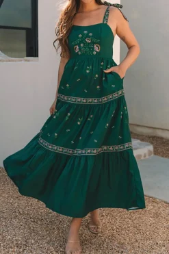 Best Dear-Lover Floral Smocked Back Tied Straps Tiered Maxi Dress Blackish Green