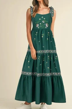 Best Dear-Lover Floral Smocked Back Tied Straps Tiered Maxi Dress Blackish Green