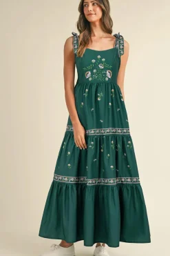 Best Dear-Lover Floral Smocked Back Tied Straps Tiered Maxi Dress Blackish Green