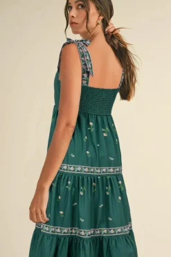 Best Dear-Lover Floral Smocked Back Tied Straps Tiered Maxi Dress Blackish Green