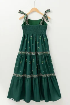 Best Dear-Lover Floral Smocked Back Tied Straps Tiered Maxi Dress Blackish Green