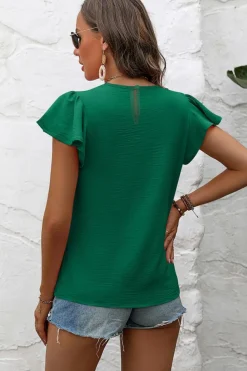 Fashion Dear-Lover Flounce Sleeve Pleated Textured Blouse Blackish Green