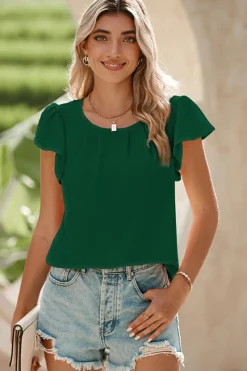 Fashion Dear-Lover Flounce Sleeve Pleated Textured Blouse Blackish Green