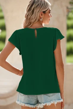 Fashion Dear-Lover Flounce Sleeve Pleated Textured Blouse Blackish Green