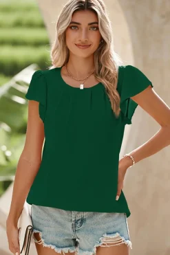 Fashion Dear-Lover Flounce Sleeve Pleated Textured Blouse Blackish Green