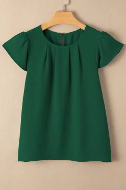 Fashion Dear-Lover Flounce Sleeve Pleated Textured Blouse Blackish Green