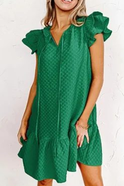 Outlet Dear-Lover Flutter Sleeve Ruffled Textured Shift Dress Blackish Green
