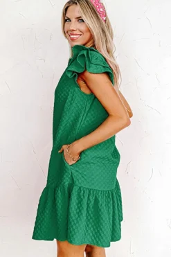 Outlet Dear-Lover Flutter Sleeve Ruffled Textured Shift Dress Blackish Green