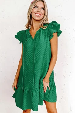 Outlet Dear-Lover Flutter Sleeve Ruffled Textured Shift Dress Blackish Green