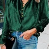 Fashion Dear-Lover Frilled Neck Buttoned Front Velvet Top Blackish Green