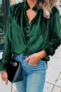 Fashion Dear-Lover Frilled Neck Buttoned Front Velvet Top Blackish Green