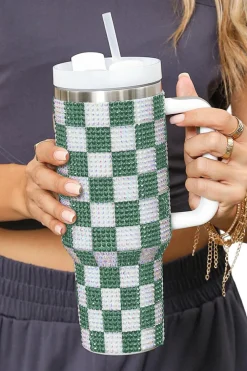 Discount Dear-Lover Full Rhinestone Checkerboard Handled Tumbler 40oz Blackish Green