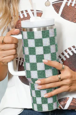 Discount Dear-Lover Full Rhinestone Checkerboard Handled Tumbler 40oz Blackish Green