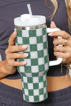 Discount Dear-Lover Full Rhinestone Checkerboard Handled Tumbler 40oz Blackish Green