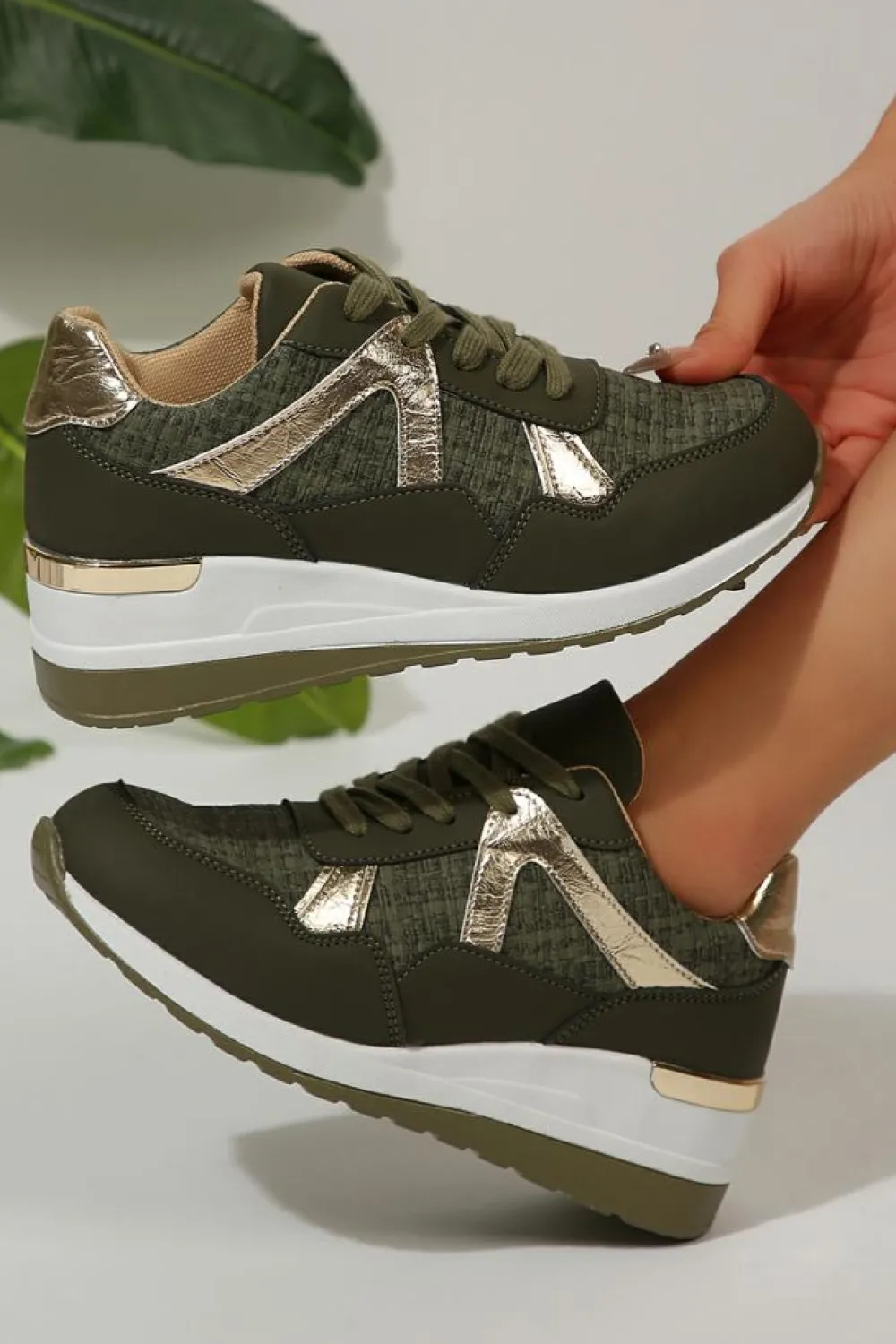 Outlet Dear-Lover Glitter Patched Lace-up Wedge Sneakers Blackish Green