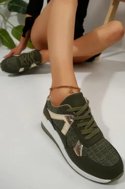 Outlet Dear-Lover Glitter Patched Lace-up Wedge Sneakers Blackish Green