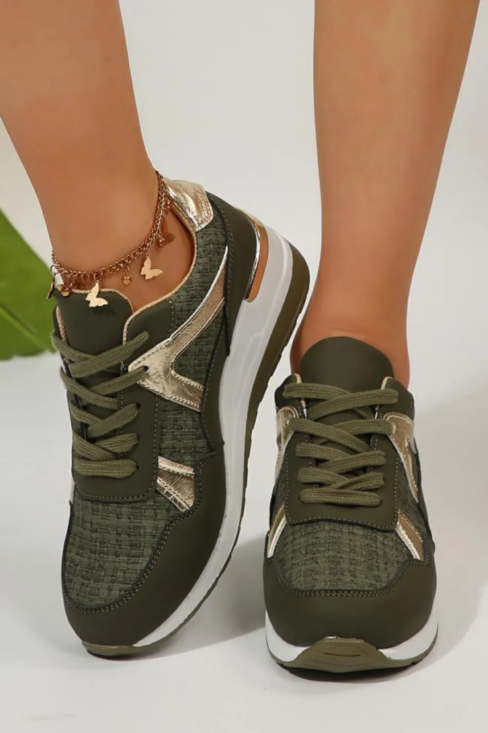 Outlet Dear-Lover Glitter Patched Lace-up Wedge Sneakers Blackish Green