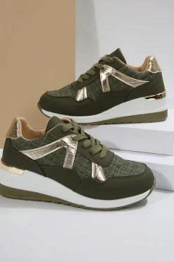 Outlet Dear-Lover Glitter Patched Lace-up Wedge Sneakers Blackish Green