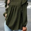 Best Dear-Lover Lace Eyelet Ruffle Shoulder Long Sleeve Blouse Blackish Green