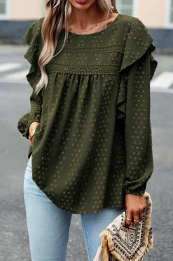 Best Dear-Lover Lace Eyelet Ruffle Shoulder Long Sleeve Blouse Blackish Green
